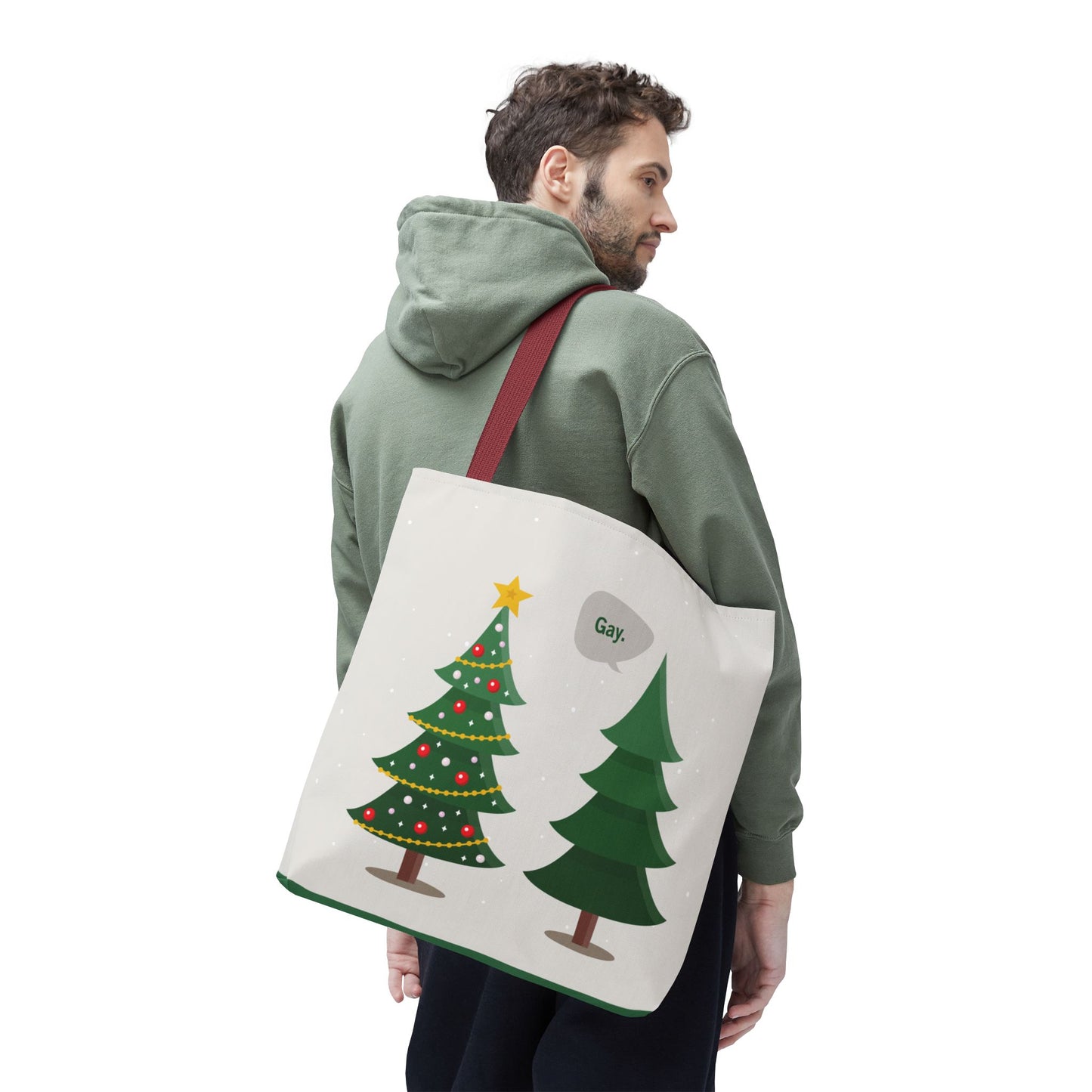 “Gay.” Christmas Tote Bag • Funny Holiday Tote • LGBTQ+ Christmas Gift • Decorated Tree & Plain Tree Design (18×18)