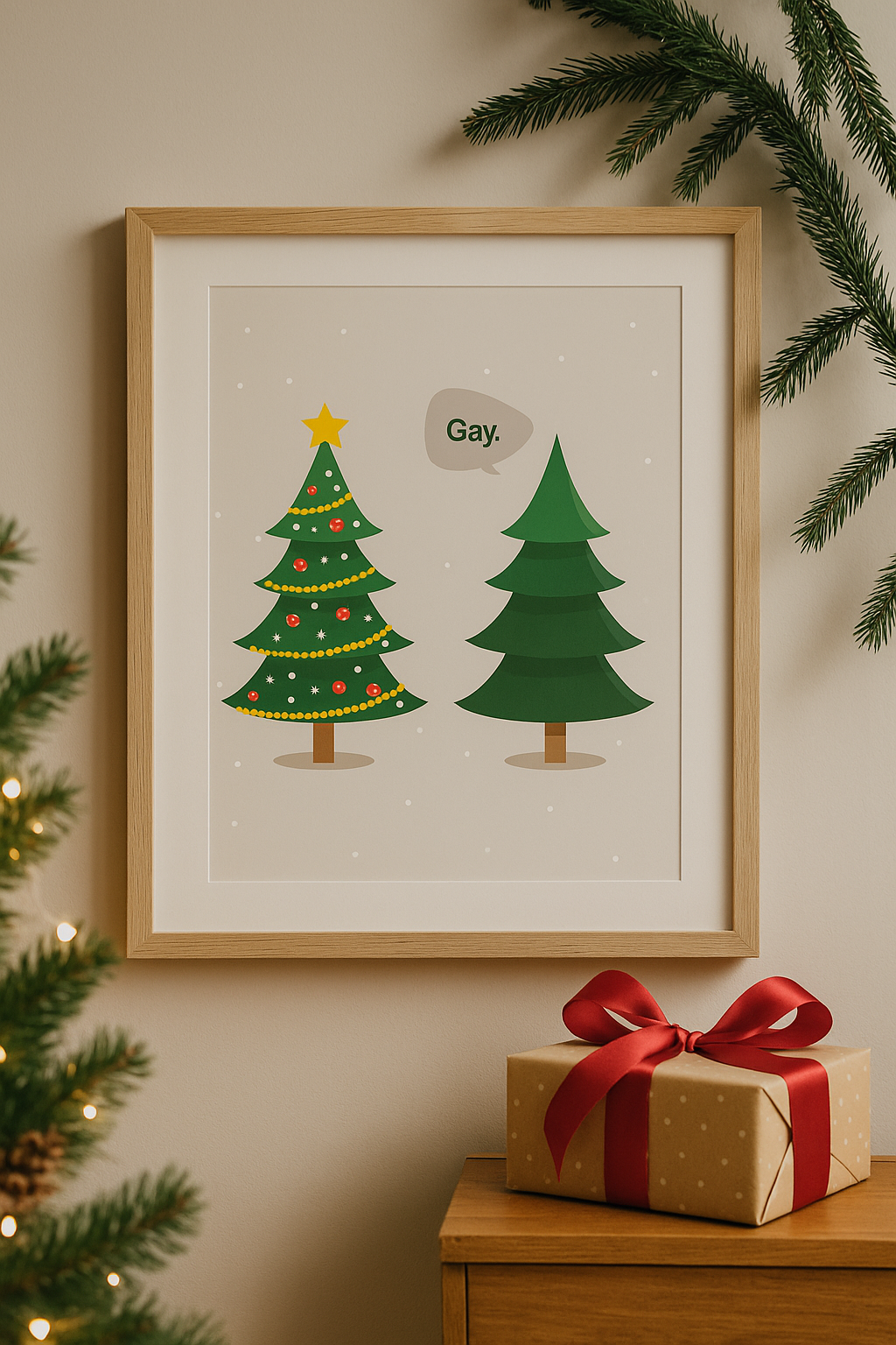 Gay. Christmas Print – Funny LGBTQ Holiday Wall Art, Minimalist Christmas Decor, Matte Giclée Print (8×10, 16×20, 24×36)