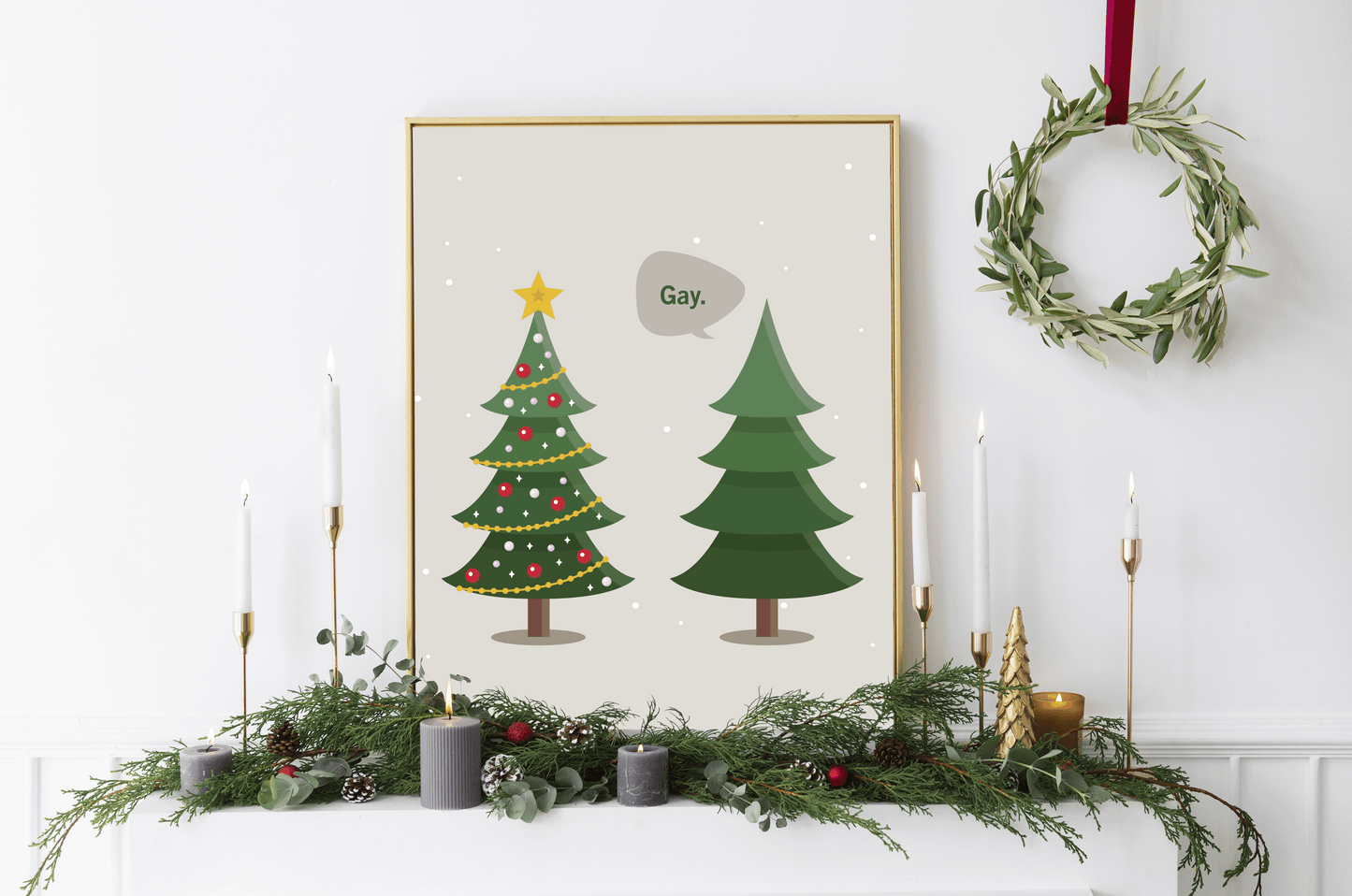 Gay. Christmas Print – Funny LGBTQ Holiday Wall Art, Minimalist Christmas Decor, Matte Giclée Print (8×10, 16×20, 24×36)