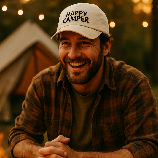 Happy Camper Embroidered Dad Hat – Retro Outdoorsy Gift