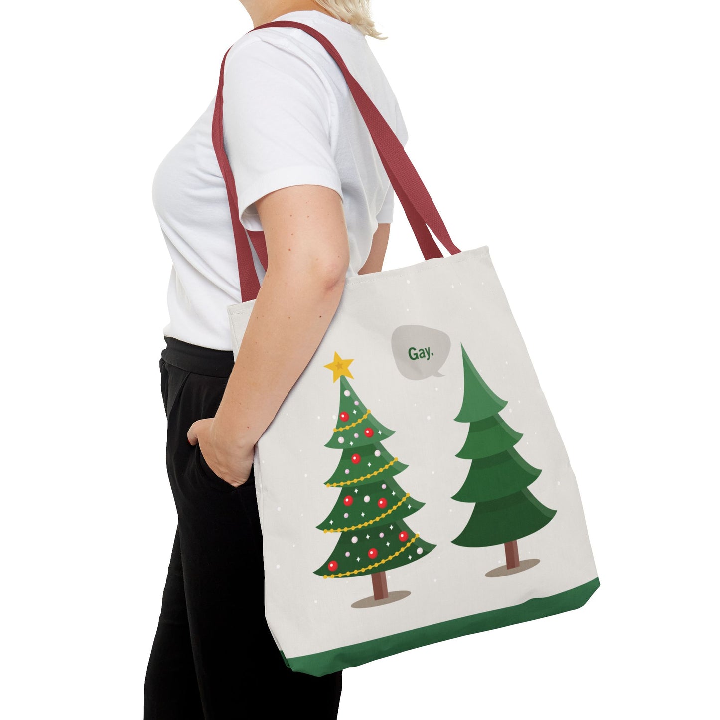 “Gay.” Christmas Tote Bag • Funny Holiday Tote • LGBTQ+ Christmas Gift • Decorated Tree & Plain Tree Design (18×18)